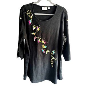 Quacker Factory Colorful Embroidered Nautical Kite Black Top Size XL